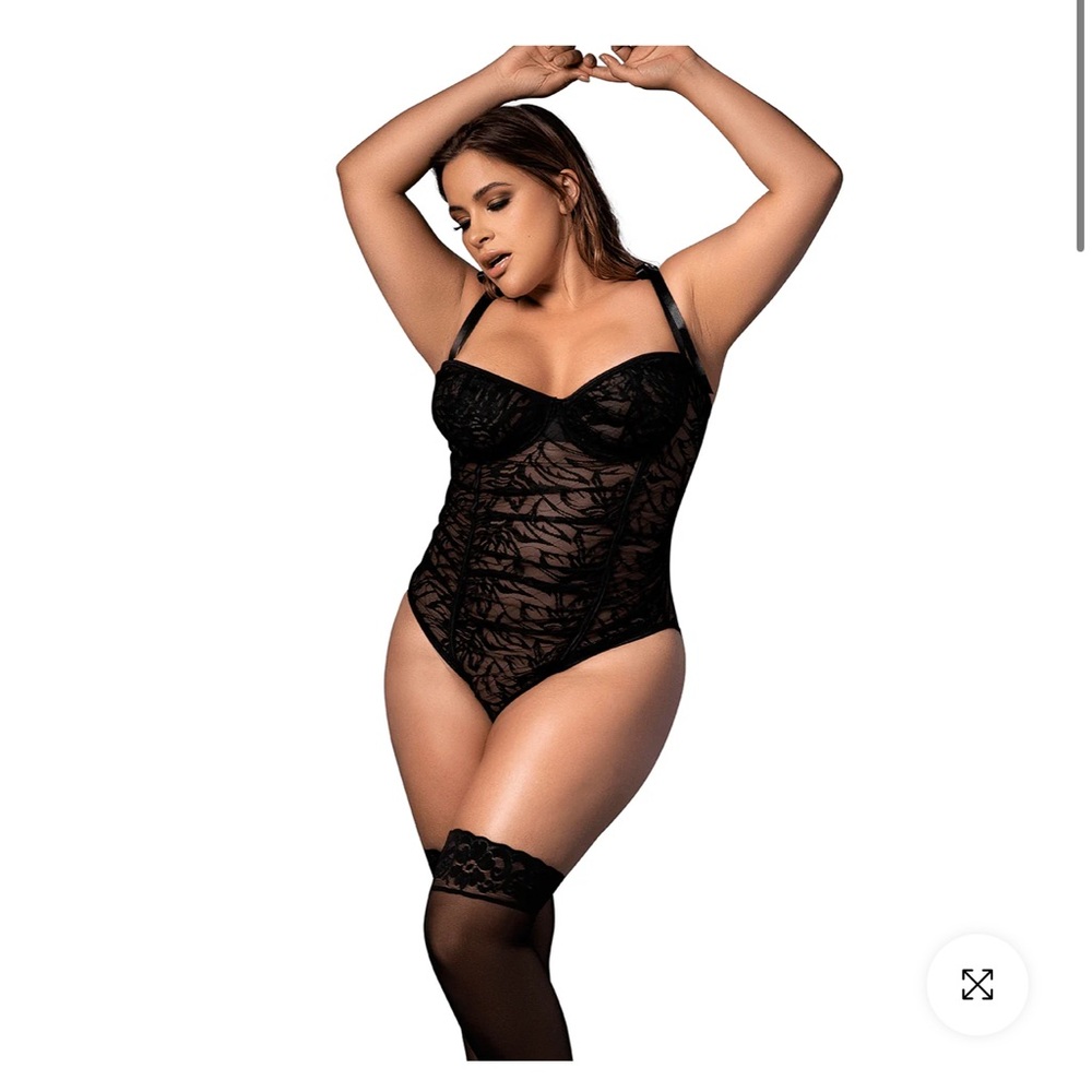 NWT Chic Black Lace Bodysuit with Ribbon Straps
